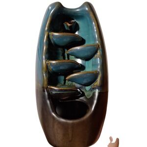 Ceramic Backflow Incense Burner Waterfall Mountain Stream Teal Brown Glazed